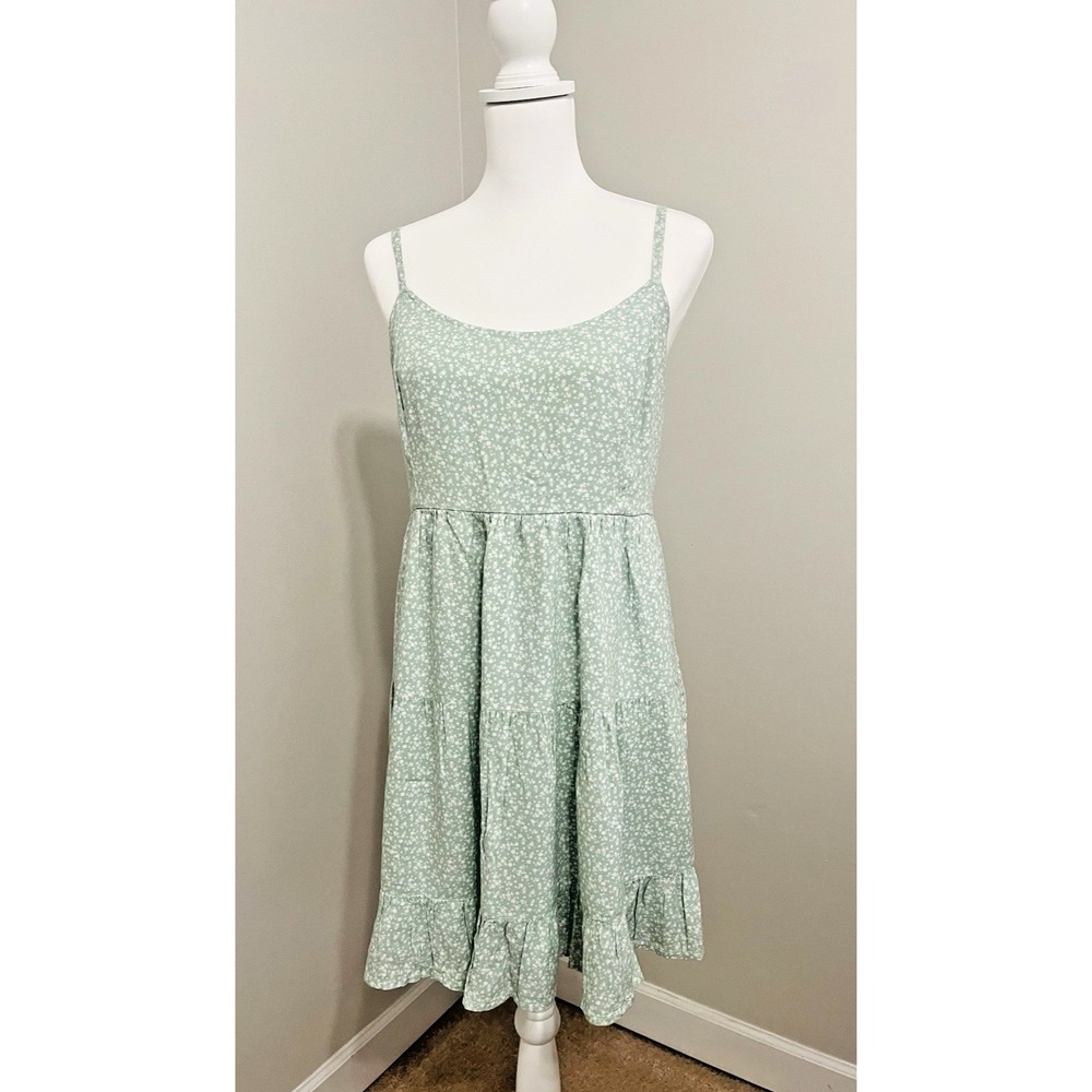 Hollister Babydoll Dress Women's Floral Green Tiered Lined Lace up Back Large